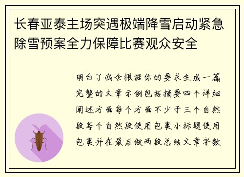 长春亚泰主场突遇极端降雪启动紧急除雪预案全力保障比赛观众安全