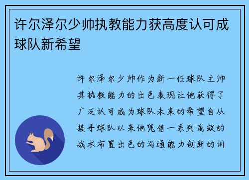 许尔泽尔少帅执教能力获高度认可成球队新希望