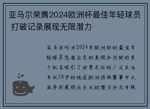 亚马尔荣膺2024欧洲杯最佳年轻球员 打破记录展现无限潜力